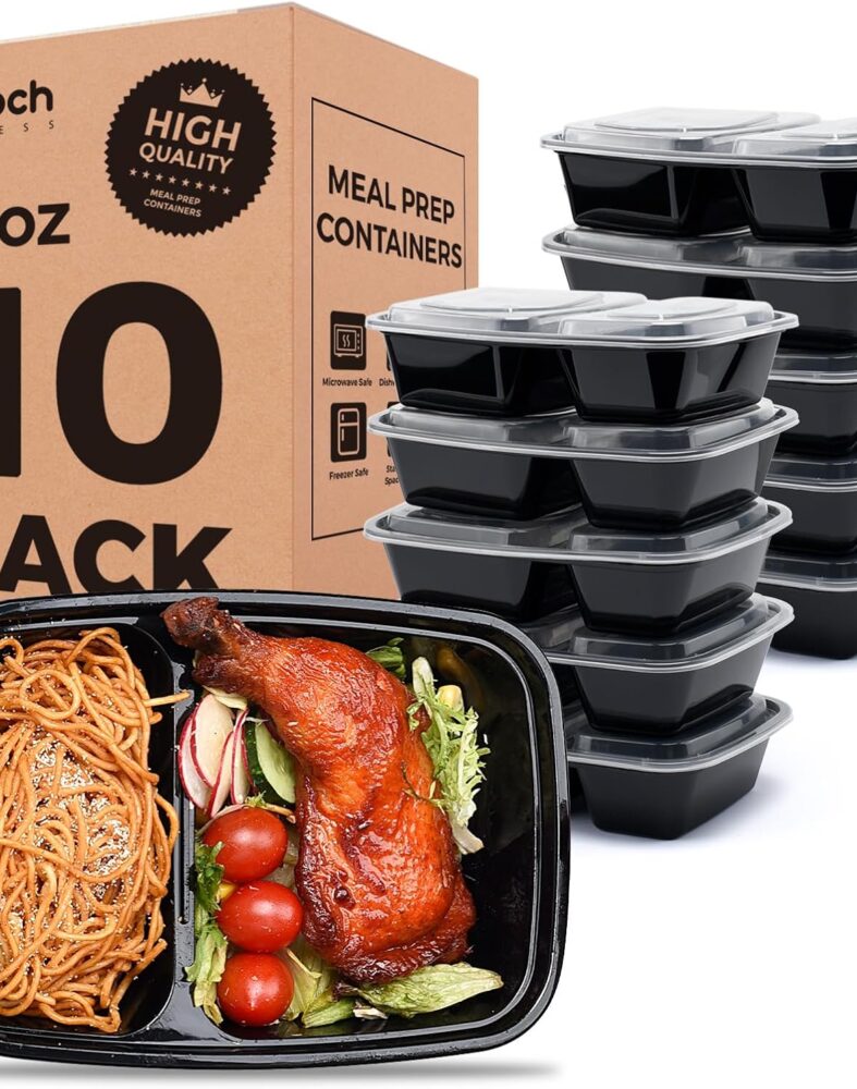 Glotoch Express 10 Pack 32 oz 2-Compartment Meal Prep Containers with Lids | Plastic Food Storage Containers for Lunch,Microwave,Freezer,Dishwasher Safe,Sturdy Leakproof & BPA Free Takeout Containers
