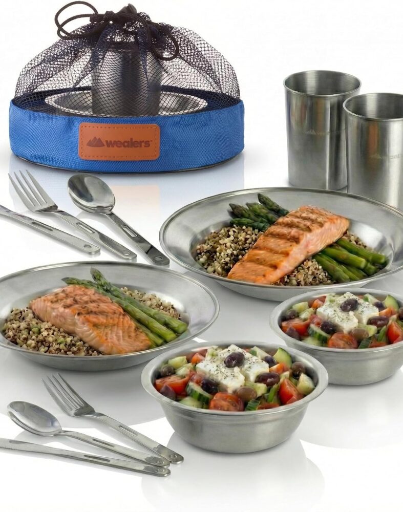 Unique Complete Messware Kit Polished Stainless Steel Dishes Set| Tableware| Dinnerware| Camping| Includes - Cups | Plates| Bowls| Cutlery| Comes in Mesh Bags