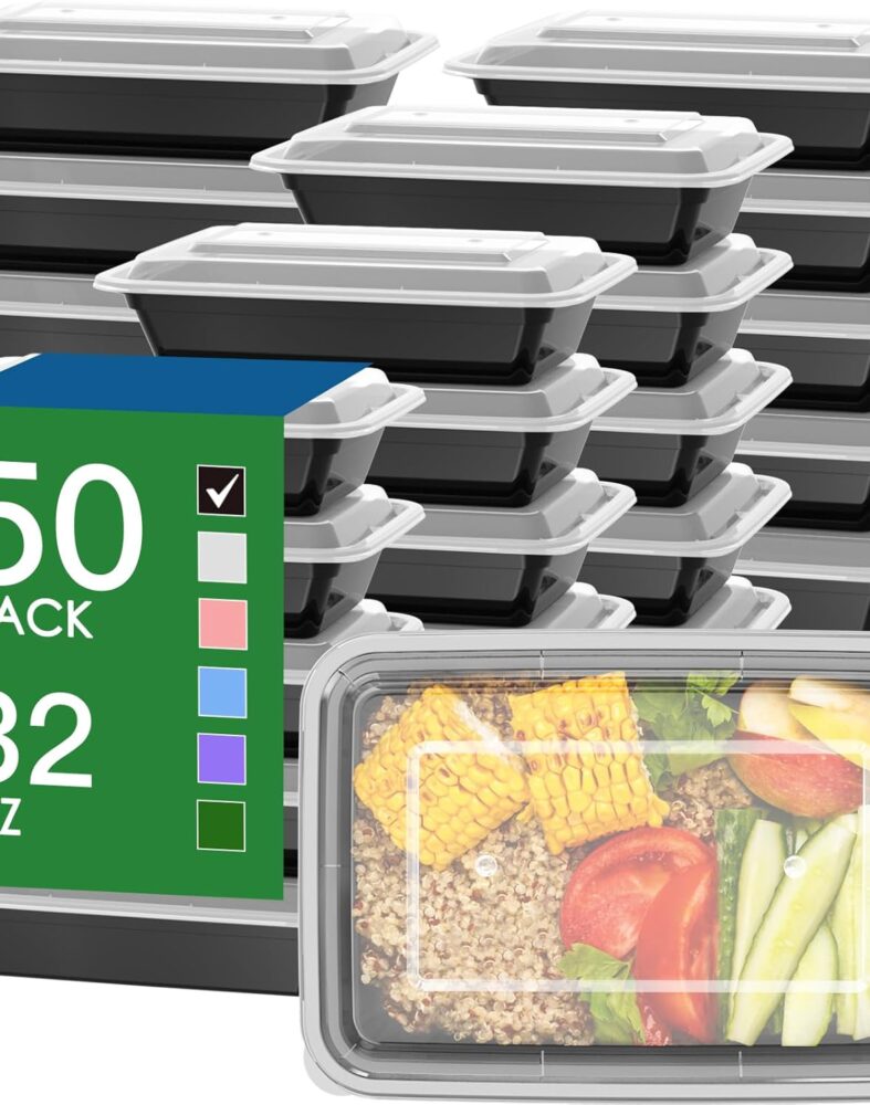50 Pack (100-Piece) 32 oz Meal Prep Containers with Easy Open Lids, Black | Sturdy Leakproof & Food Safe, Microwave, Freezer, Dishwasher Safe Prep Containers, To Go Take Out Plastic Food Storage