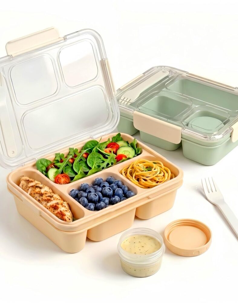 Adult Bento Lunch Box, 32 Oz Meal Prep Lunch Container with 4 Compartments, Leak-Resistant Sauce Cup & Fork, BPA-Free Reusable Food Container for Work, Office, Gym & Travel, Green & Yellow